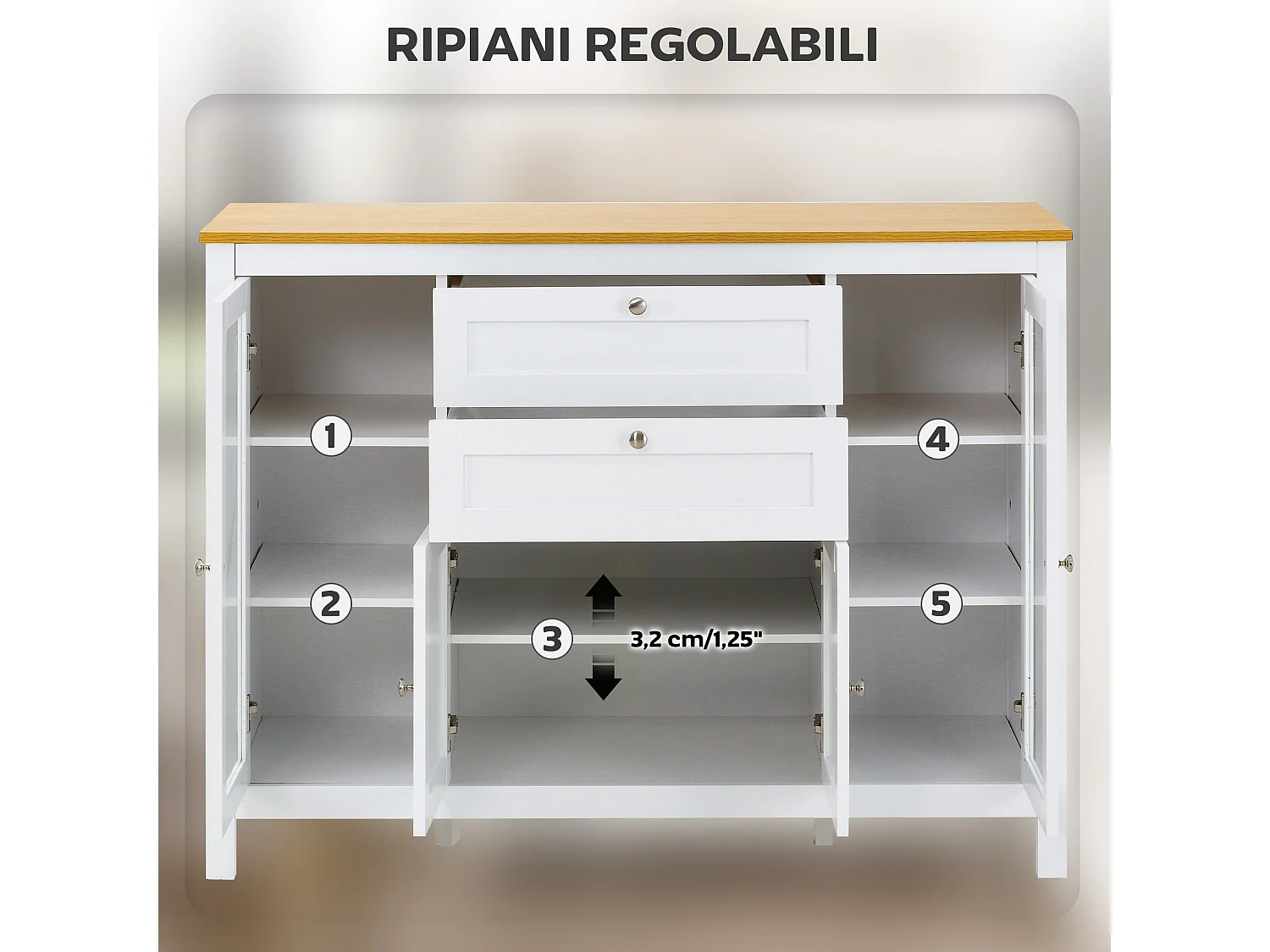 Credenza cucina, mobile cucina con 2 cassetti, 3 armadietti, piano d'appoggio in caucciù