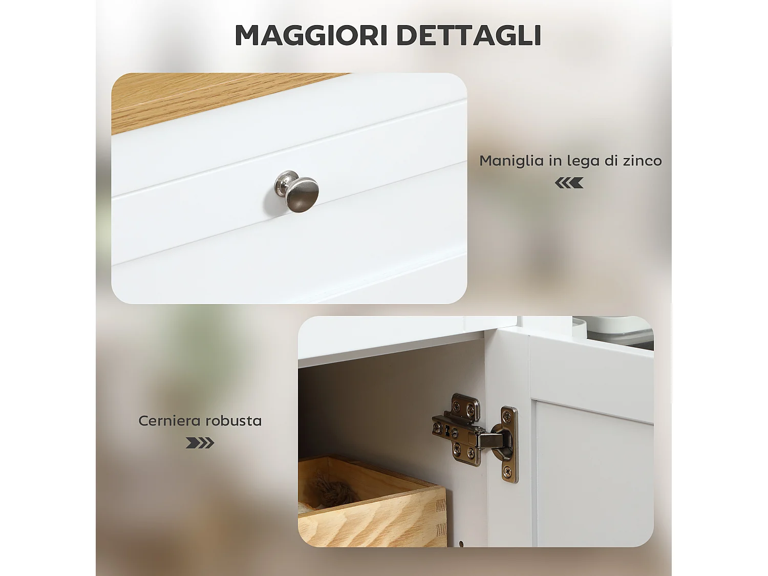 Credenza cucina, mobile cucina con 2 cassetti, 3 armadietti, piano d'appoggio in caucciù