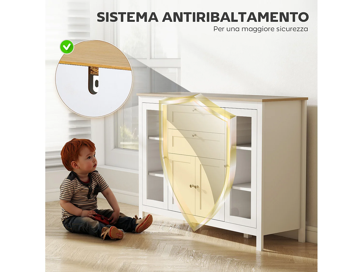 Credenza cucina, mobile cucina con 2 cassetti, 3 armadietti, piano d'appoggio in caucciù