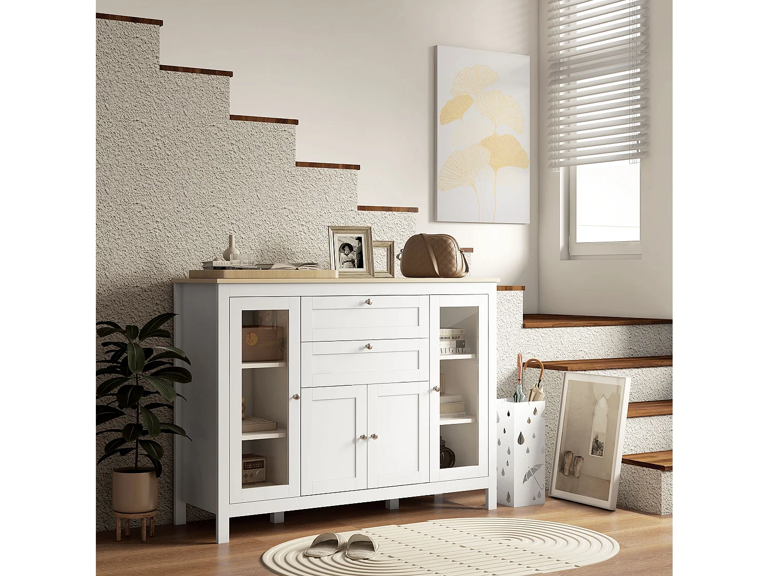 Credenza cucina, mobile cucina con 2 cassetti, 3 armadietti, piano d'appoggio in caucciù