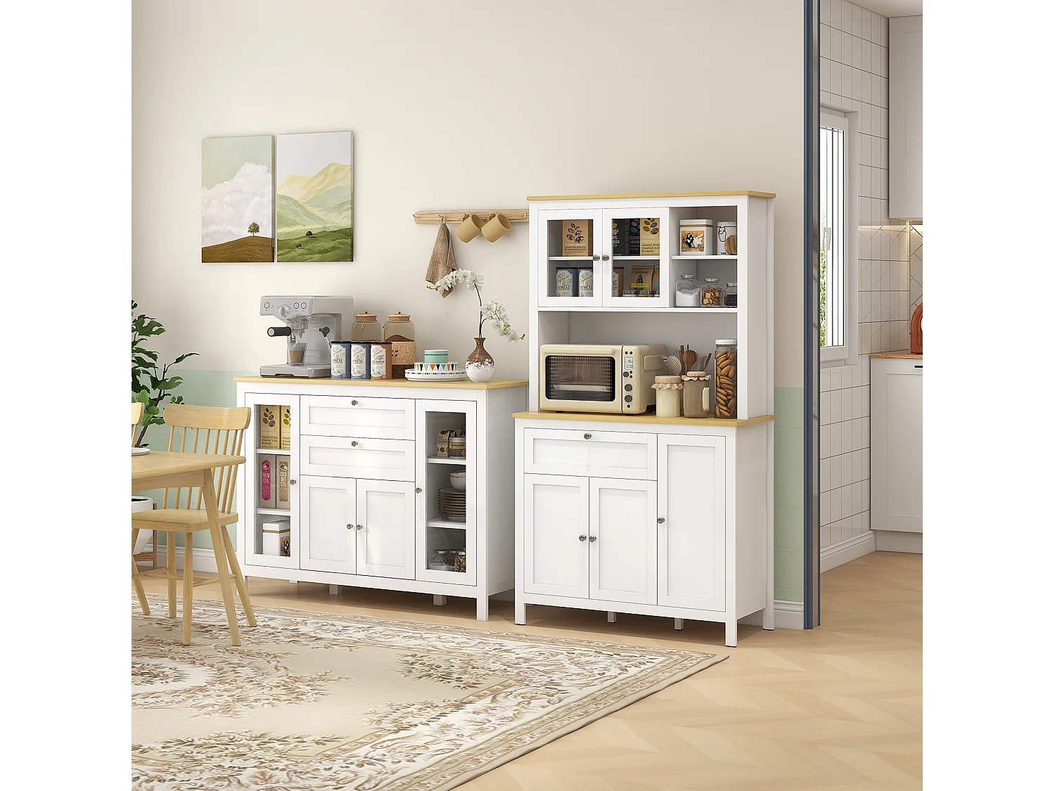 Credenza cucina, mobile cucina con 2 cassetti, 3 armadietti, piano d'appoggio in caucciù