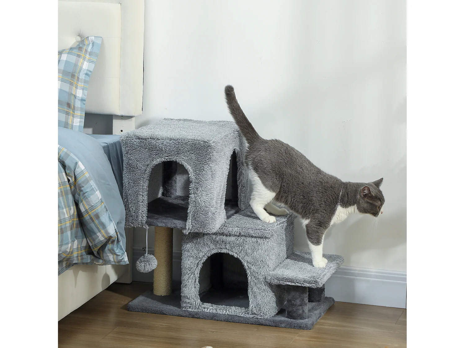 Scaletta per gatti a 4 scalini con 2 casette e tiragraffi grigio