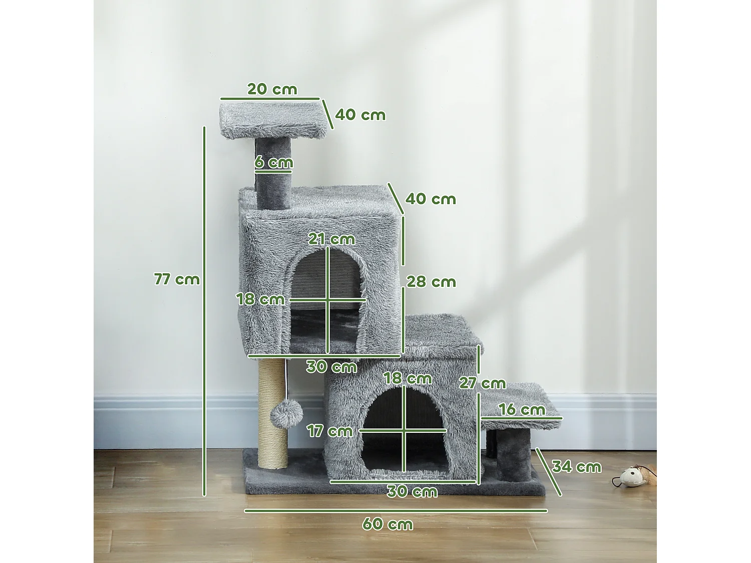 Scaletta per gatti a 4 scalini con 2 casette e tiragraffi grigio