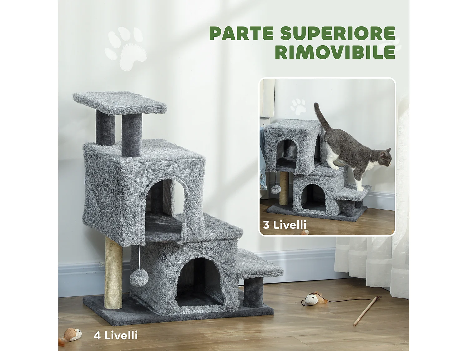 Scaletta per gatti a 4 scalini con 2 casette e tiragraffi grigio