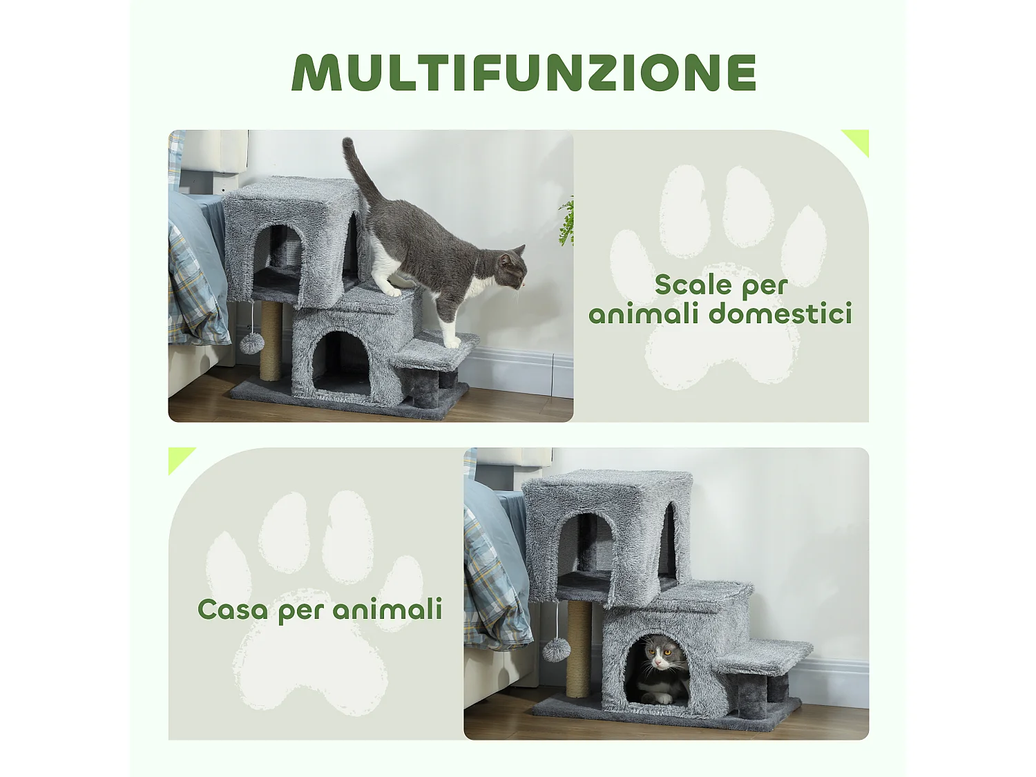 Scaletta per gatti a 4 scalini con 2 casette e tiragraffi grigio