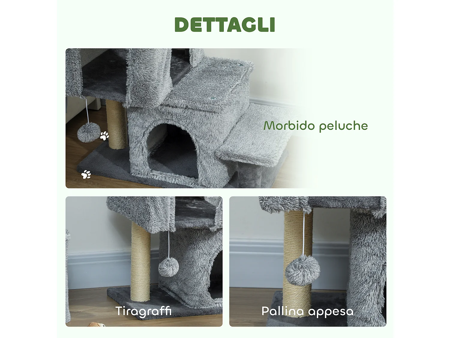 Scaletta per gatti a 4 scalini con 2 casette e tiragraffi grigio