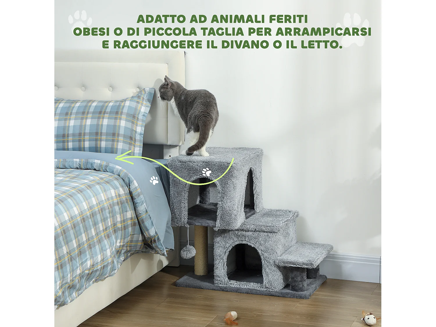 Scaletta per gatti a 4 scalini con 2 casette e tiragraffi grigio