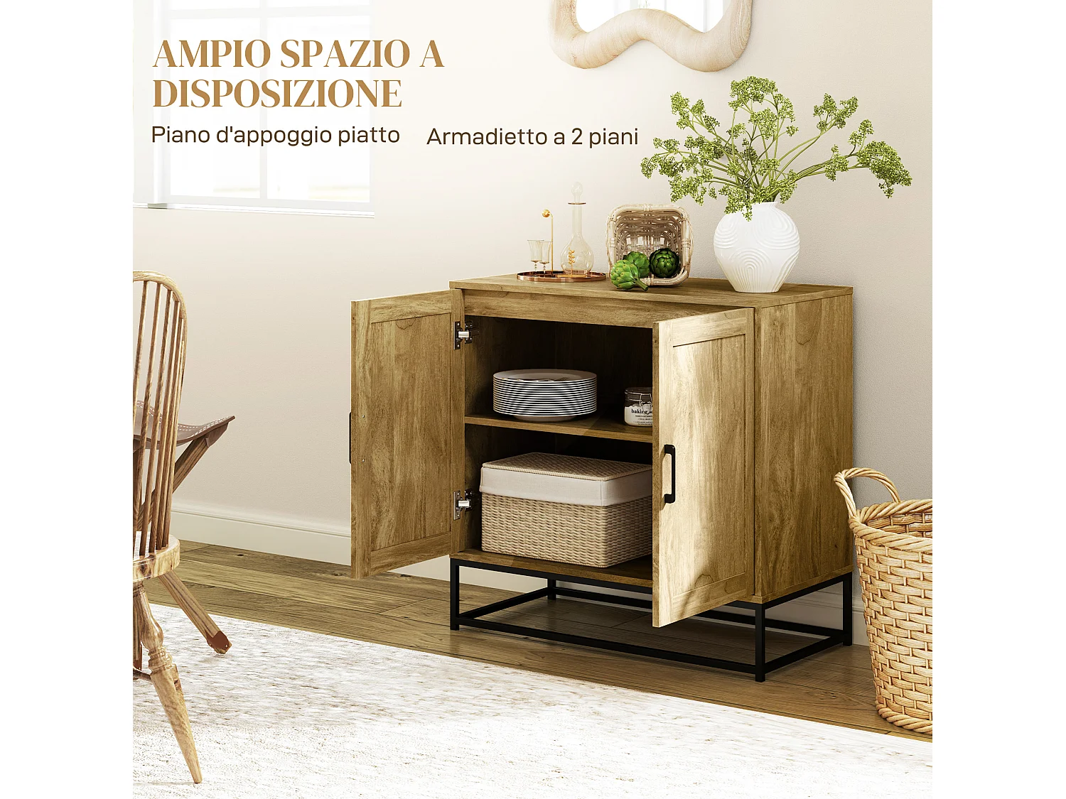 Credenza soggiorno a 2 livelli con ripiano regolabile e 2 ante, mobile soggiorno in legno e acciaio