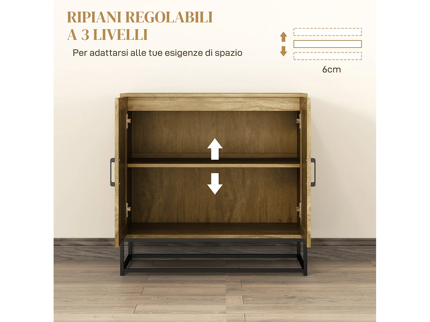 Credenza soggiorno a 2 livelli con ripiano regolabile e 2 ante, mobile soggiorno in legno e acciaio