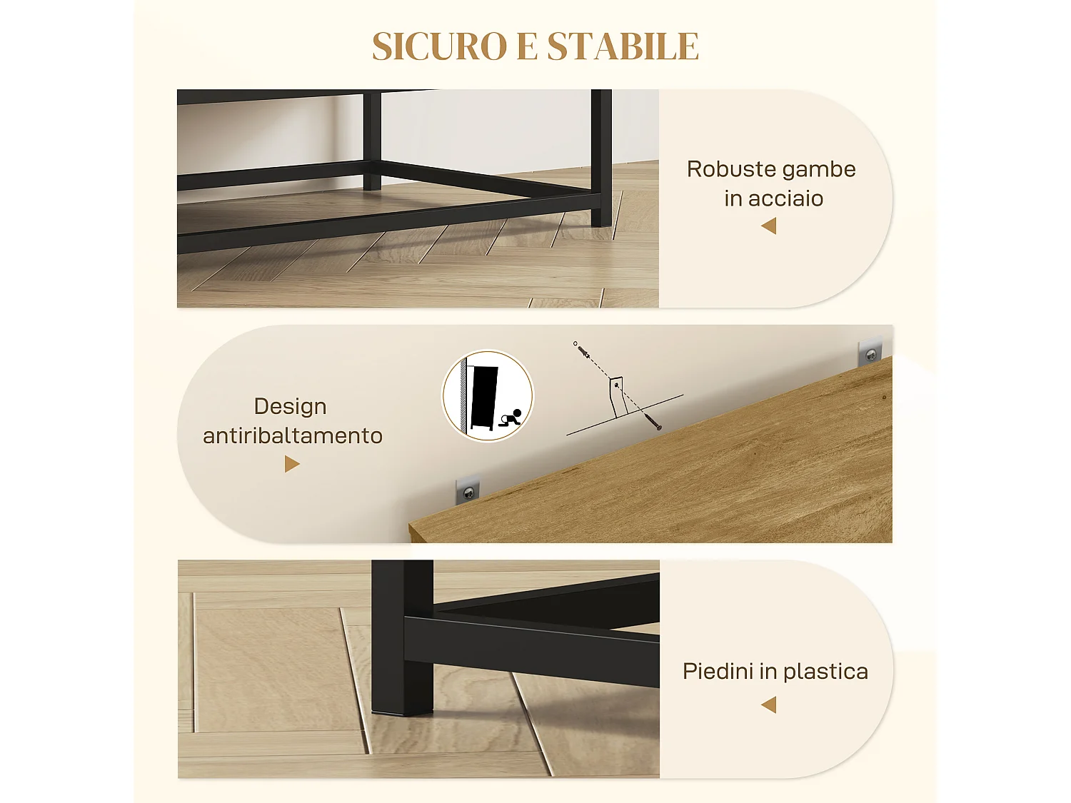 Credenza soggiorno a 2 livelli con ripiano regolabile e 2 ante, mobile soggiorno in legno e acciaio