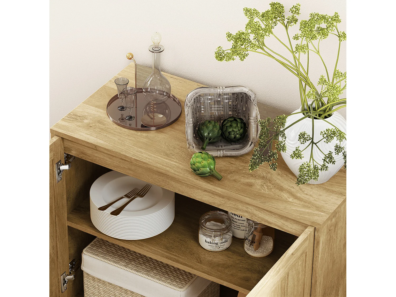 Credenza soggiorno a 2 livelli con ripiano regolabile e 2 ante, mobile soggiorno in legno e acciaio