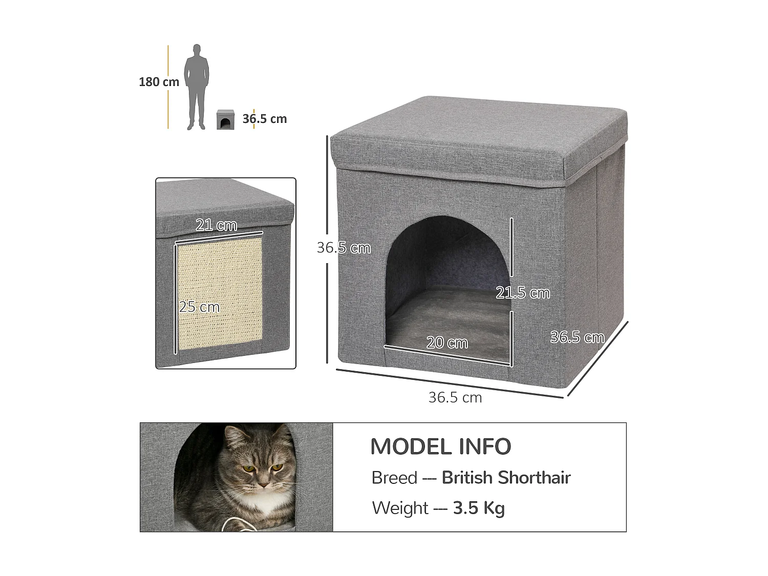 Casetta per gatti a cubo pieghevole con cuscino e tiragraffi grigio