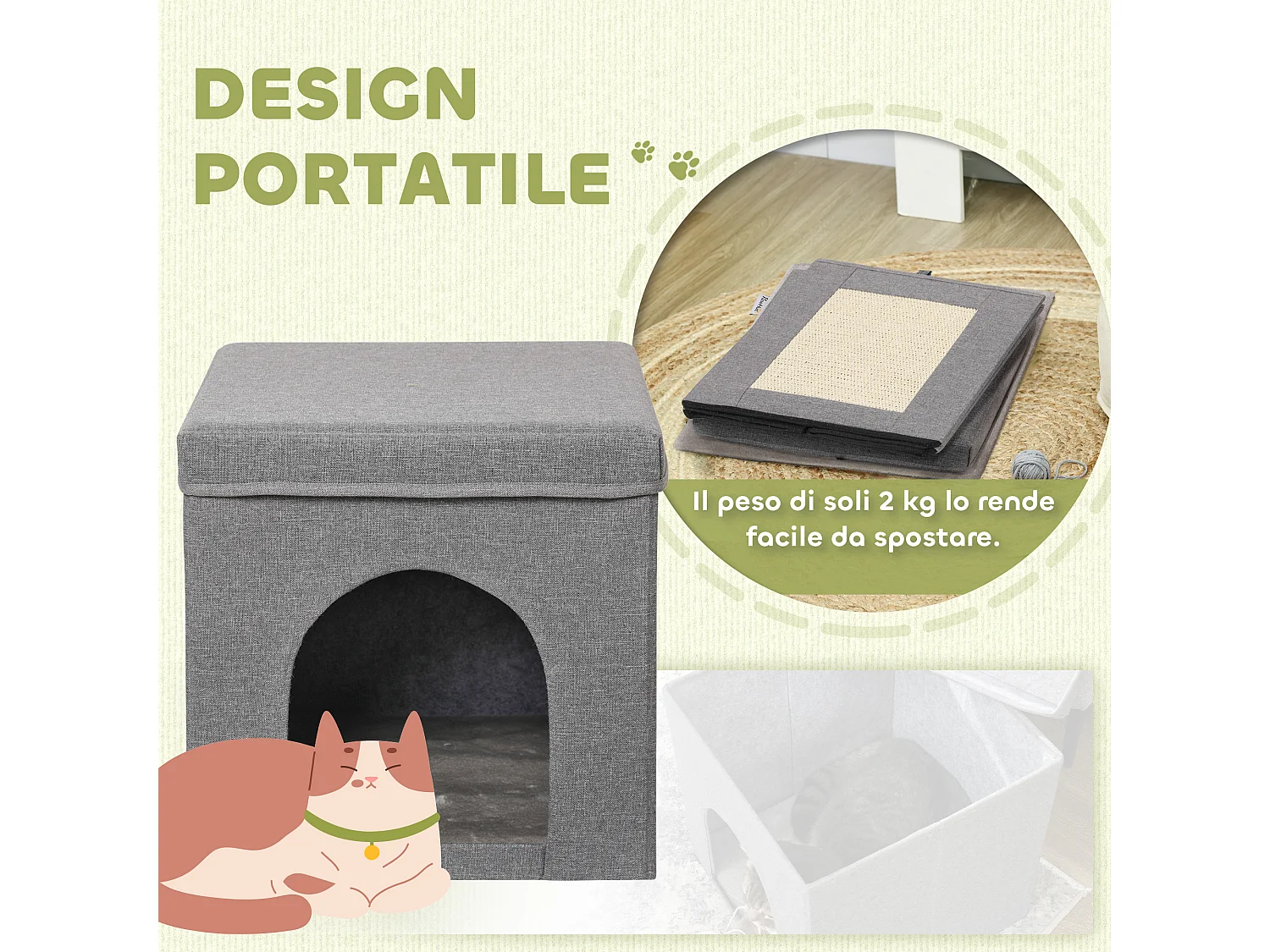 Casetta per gatti a cubo pieghevole con cuscino e tiragraffi grigio