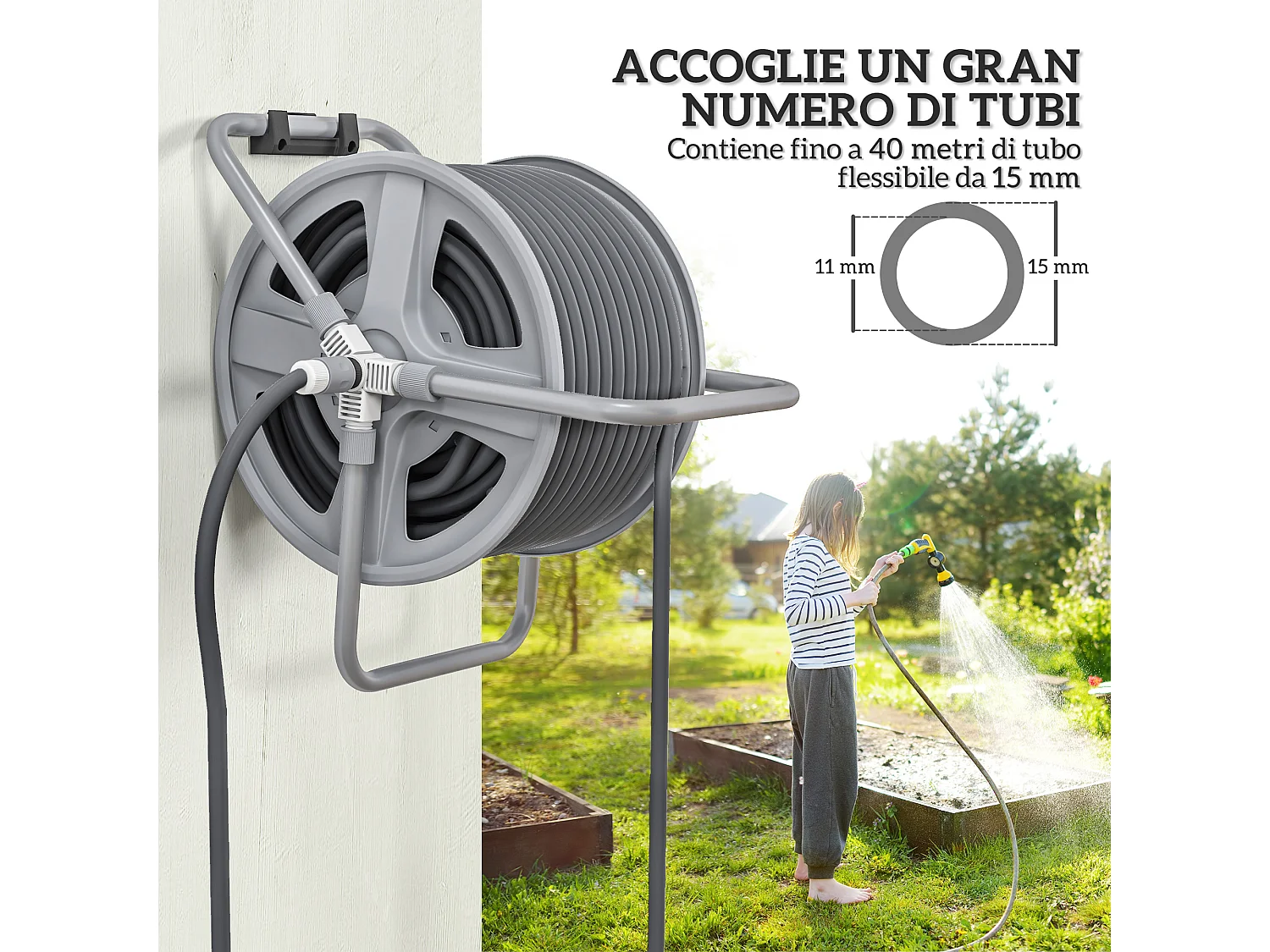 Avvolgitubo a parete e da terra per 40m di tubo e manovella grigio