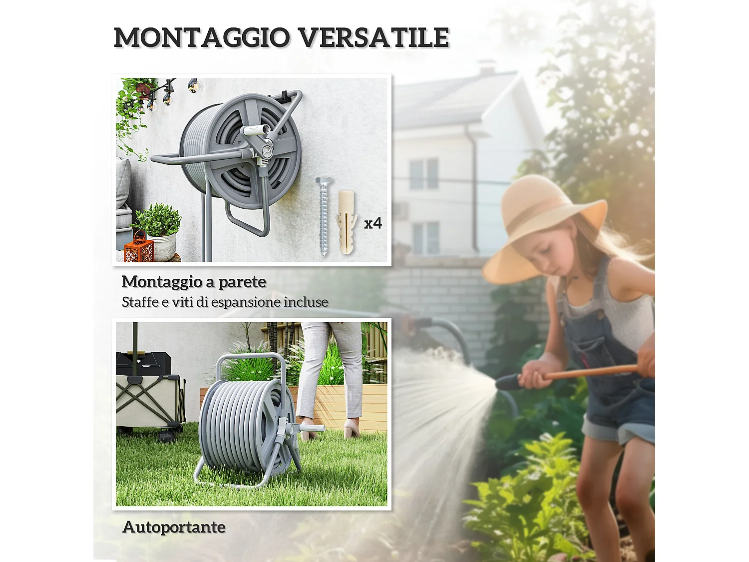 Avvolgitubo a parete e da terra per 40m di tubo e manovella grigio