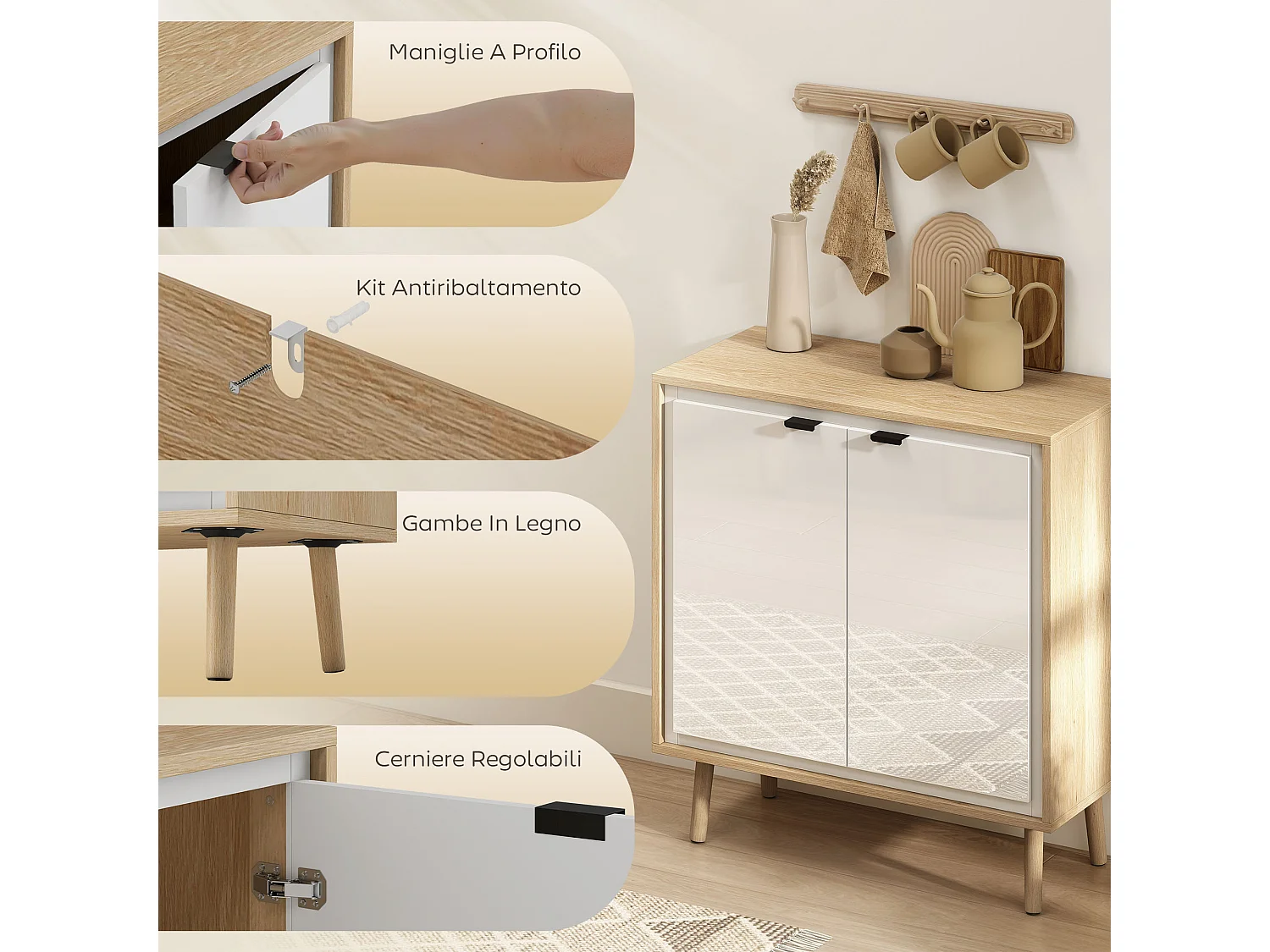 Credenza cucina con 2 ante mobile cucina moderno con ripiano regolabile e piedi in legno
