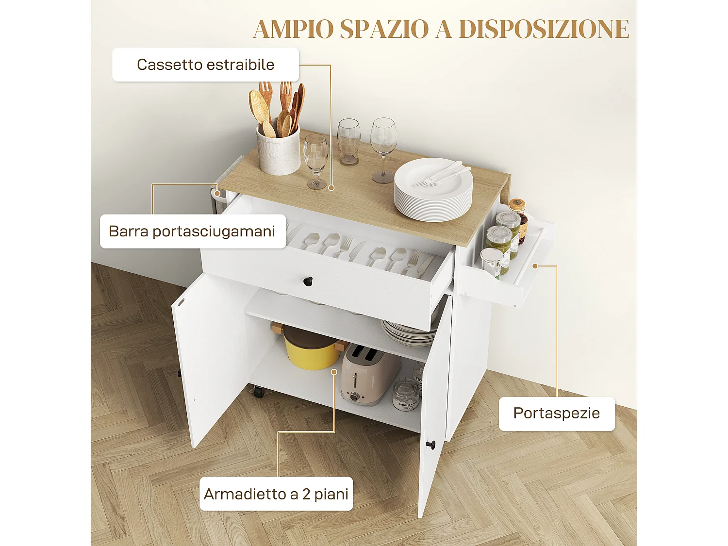 Isola per cucina con tavolo a ribalta cassetto armadietto a 2 ante