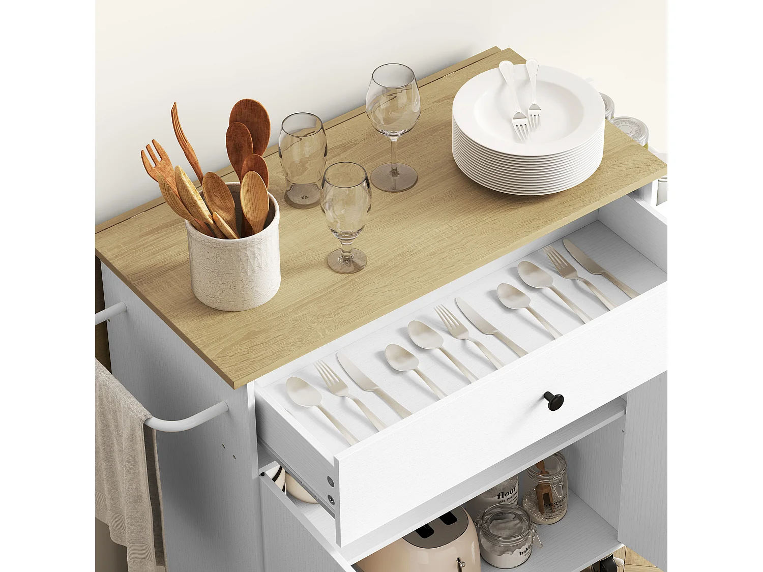 Isola per cucina con tavolo a ribalta cassetto armadietto a 2 ante