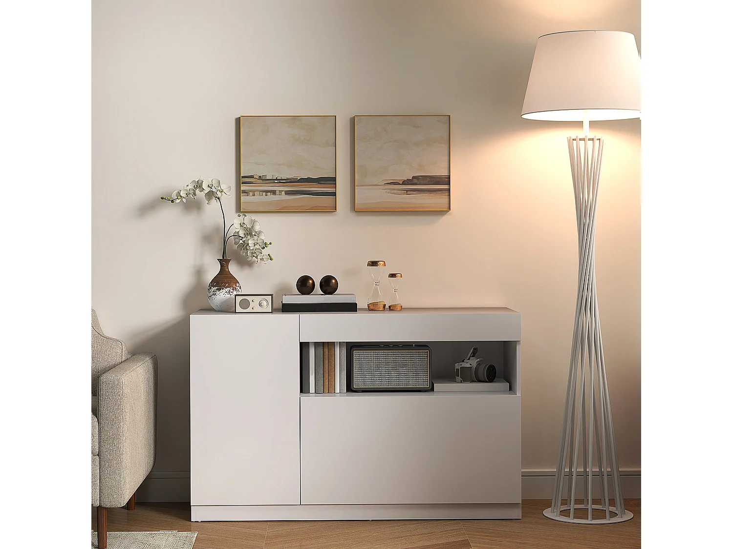 Credenza moderna con ante ammortizzate e apertura a pressione bianco