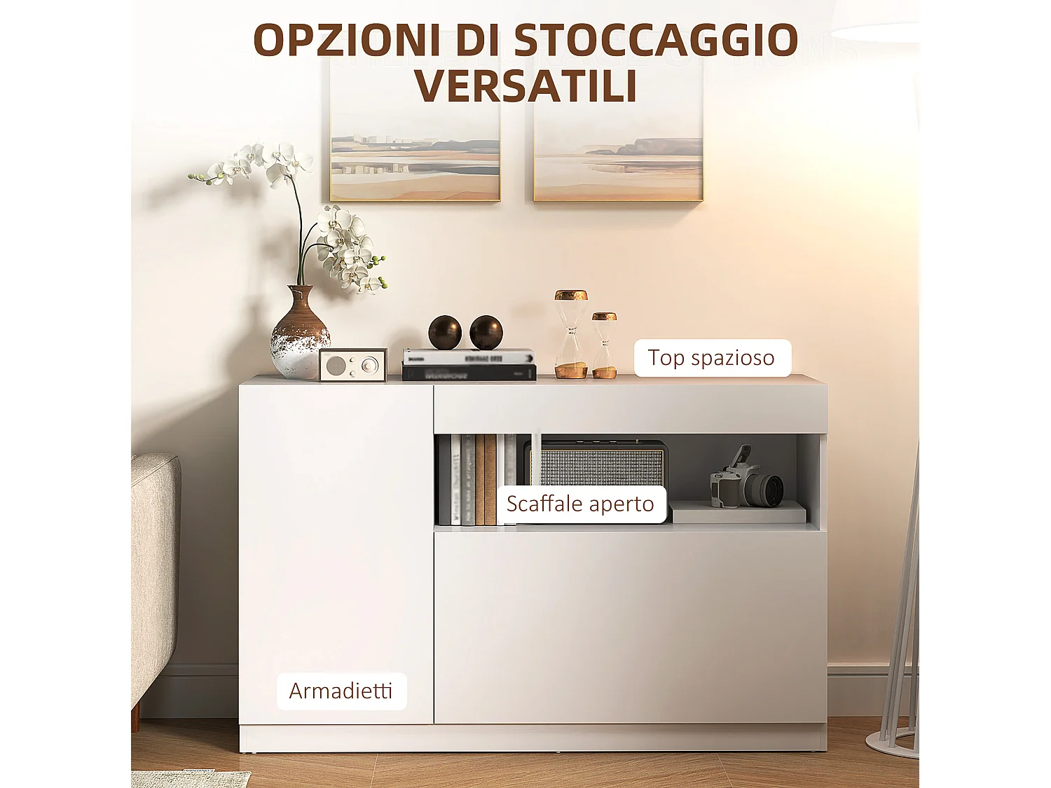 Credenza moderna con ante ammortizzate e apertura a pressione bianco