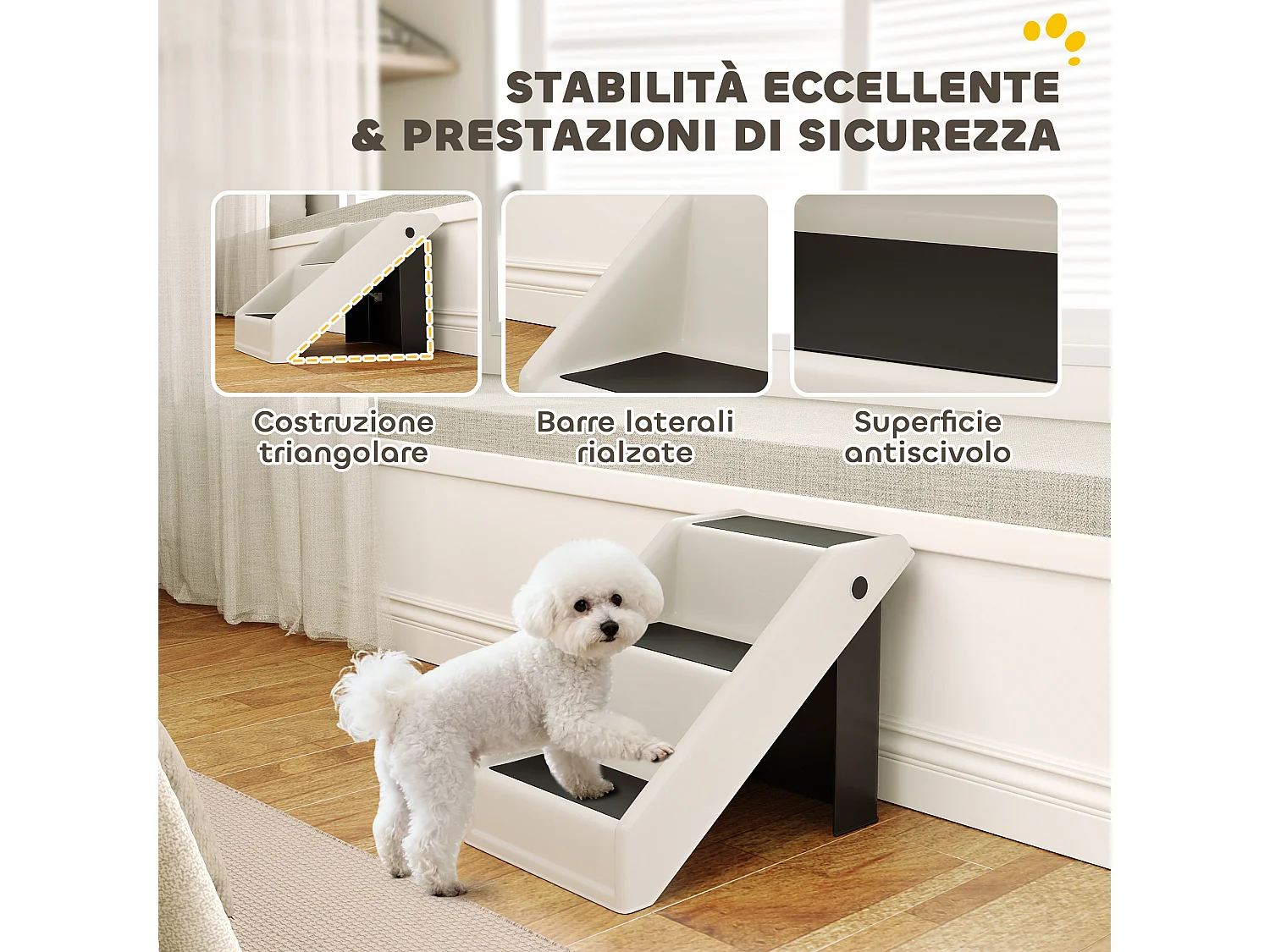 Scaletta per cani e gatti pieghevole antiscivolo con 3 scalini crema