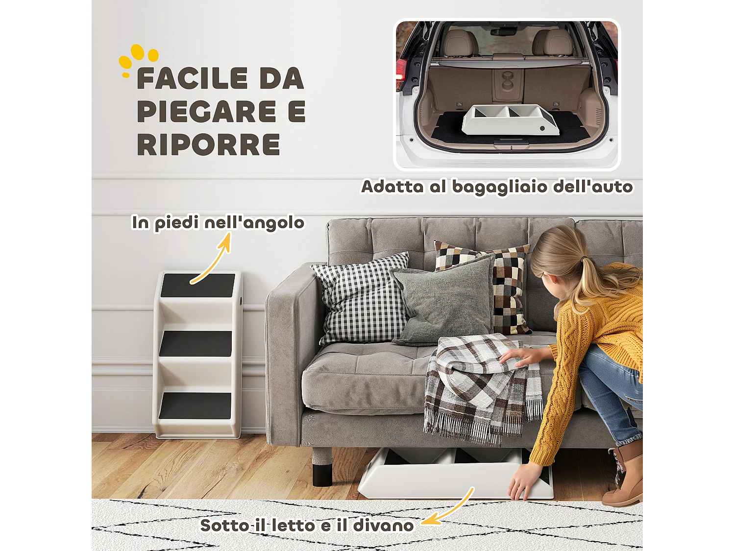 Scaletta per cani e gatti pieghevole antiscivolo con 3 scalini crema