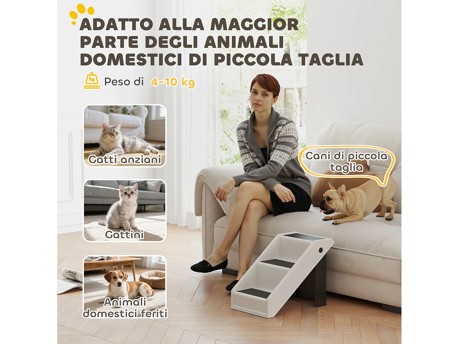 Scaletta per cani e gatti pieghevole antiscivolo con 3 scalini crema