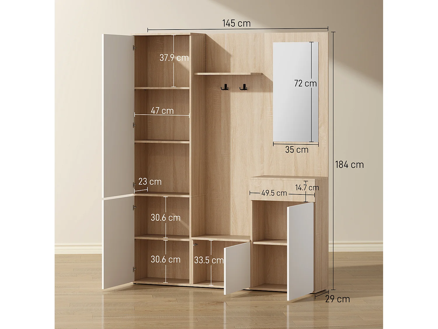 Mobile attaccapanni da ingresso 4 in 1 con specchio ganci e ripiani regolabili intern