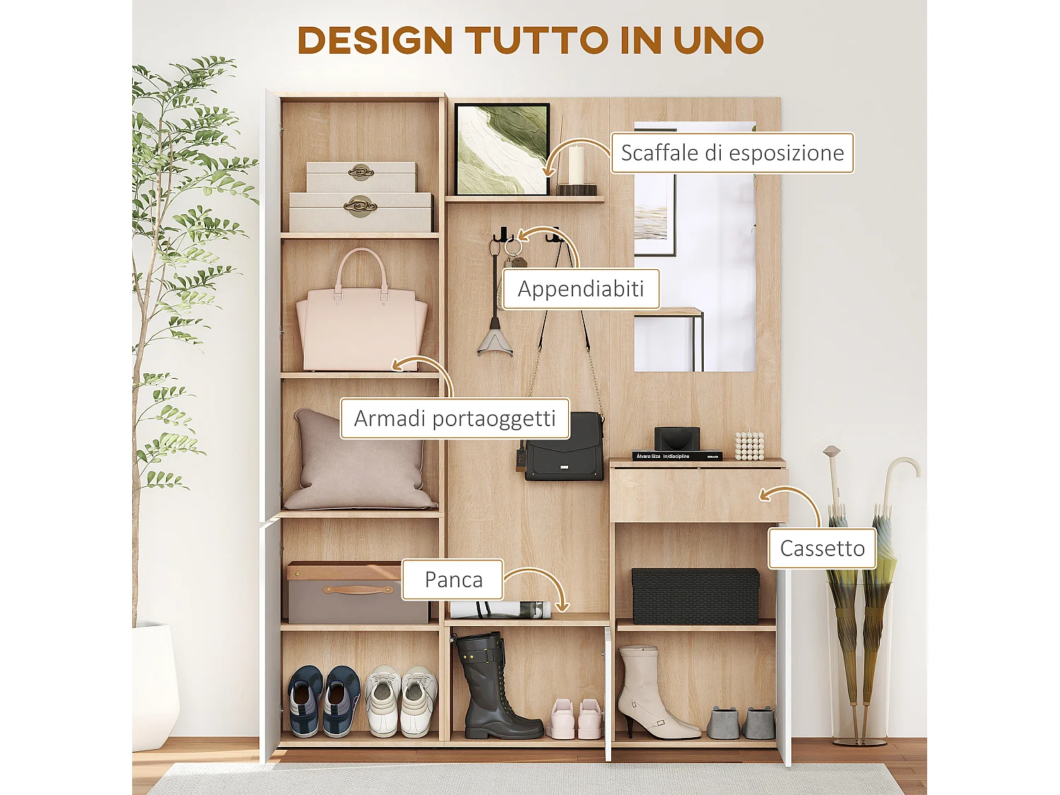 Mobile attaccapanni da ingresso 4 in 1 con specchio ganci e ripiani regolabili intern