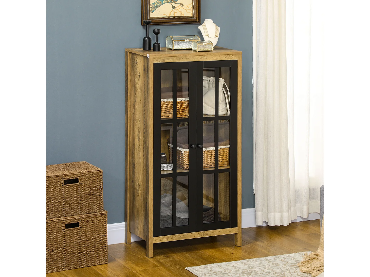 Credenza moderna a 2 ante in vetro e legno 60x35x120cm marrone