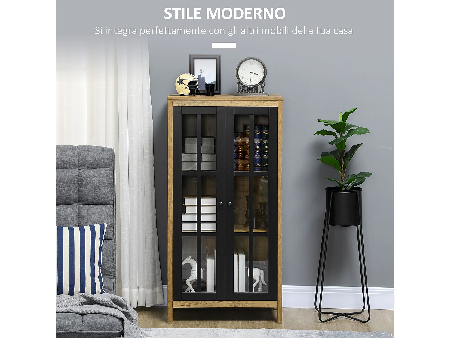Credenza moderna a 2 ante in vetro e legno 60x35x120cm marrone