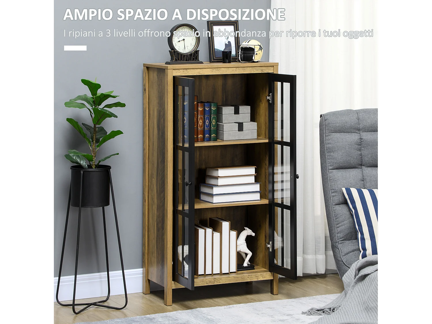 Credenza moderna a 2 ante in vetro e legno 60x35x120cm marrone