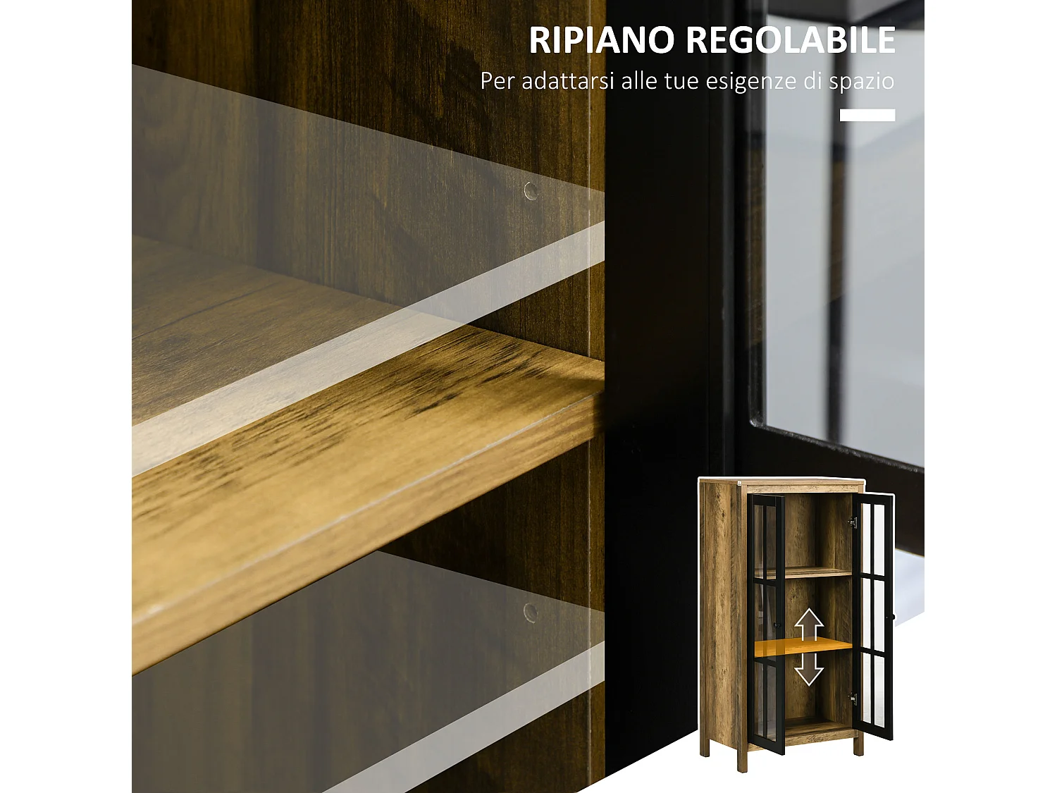 Credenza moderna a 2 ante in vetro e legno 60x35x120cm marrone