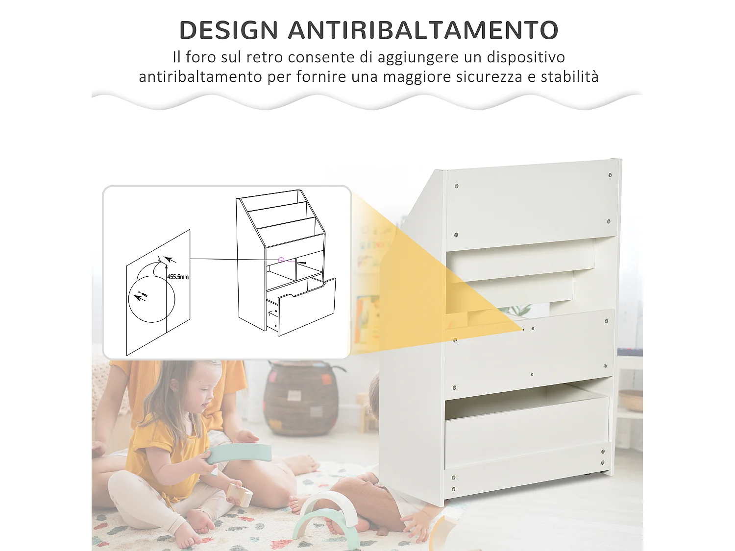 Piccola libreria per bambini con ripiani e cassetto in mdf bianco