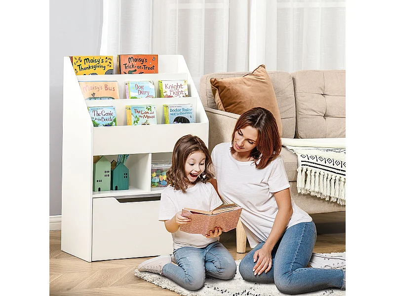 Piccola libreria per bambini con ripiani e cassetto in mdf bianco