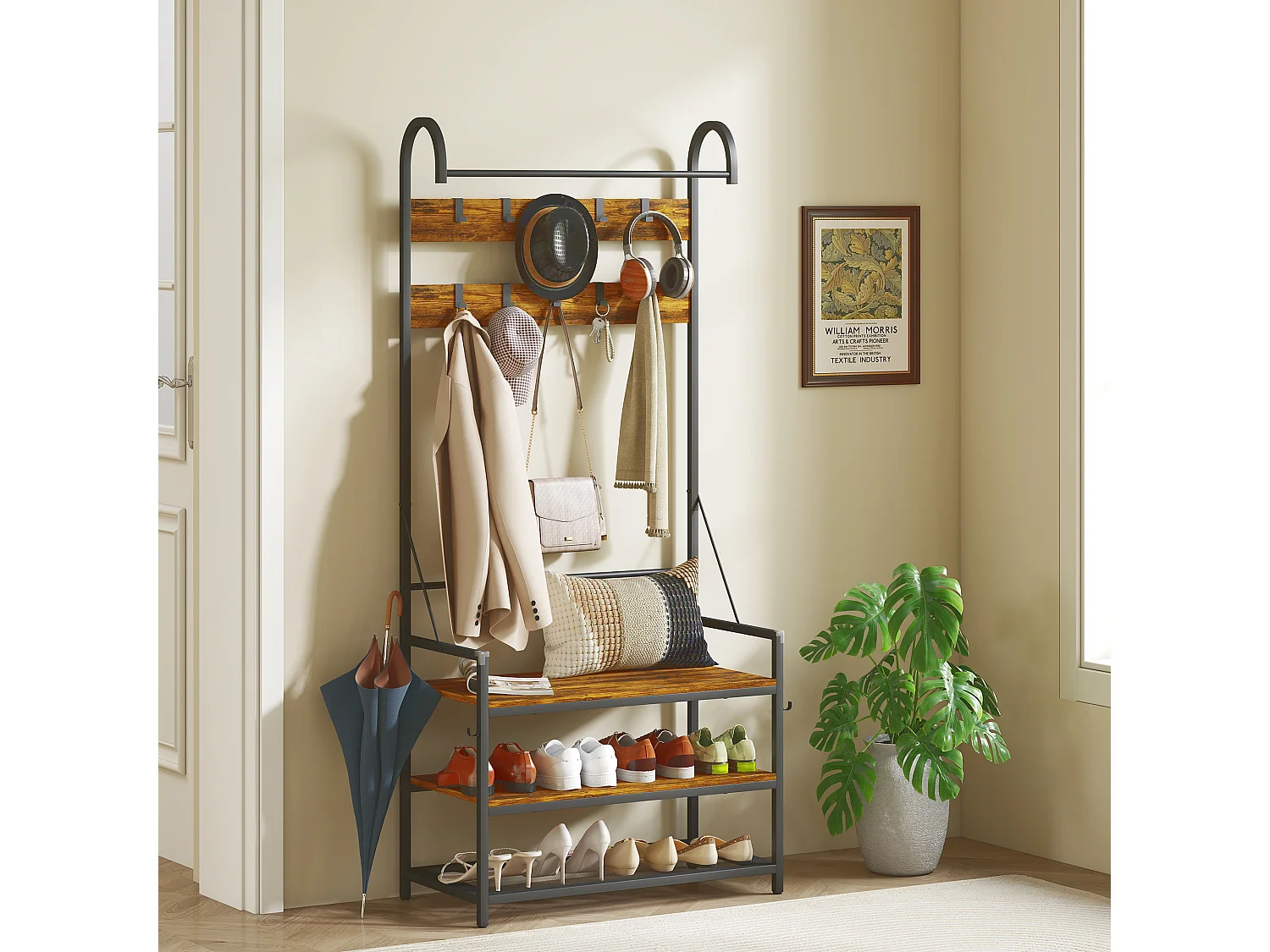 Appendiabiti da ingresso con asta 10 ganci mobili panca e scarpiera a 2 livelli