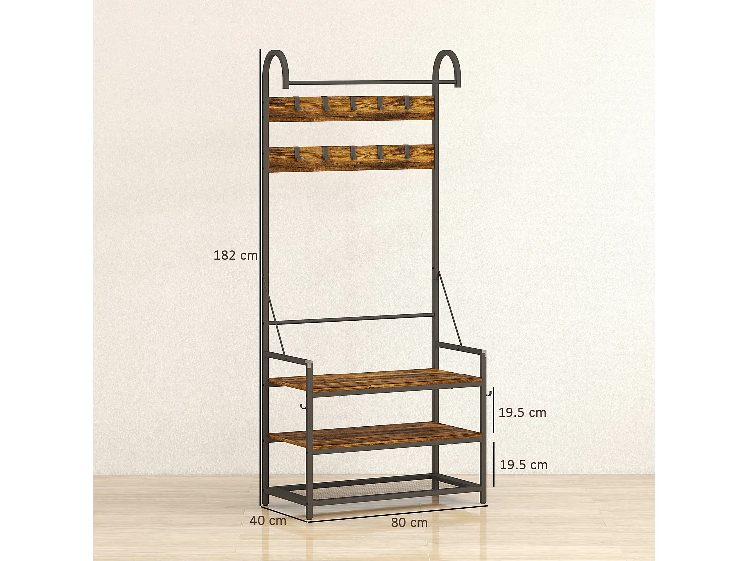 Appendiabiti da ingresso con asta 10 ganci mobili panca e scarpiera a 2 livelli