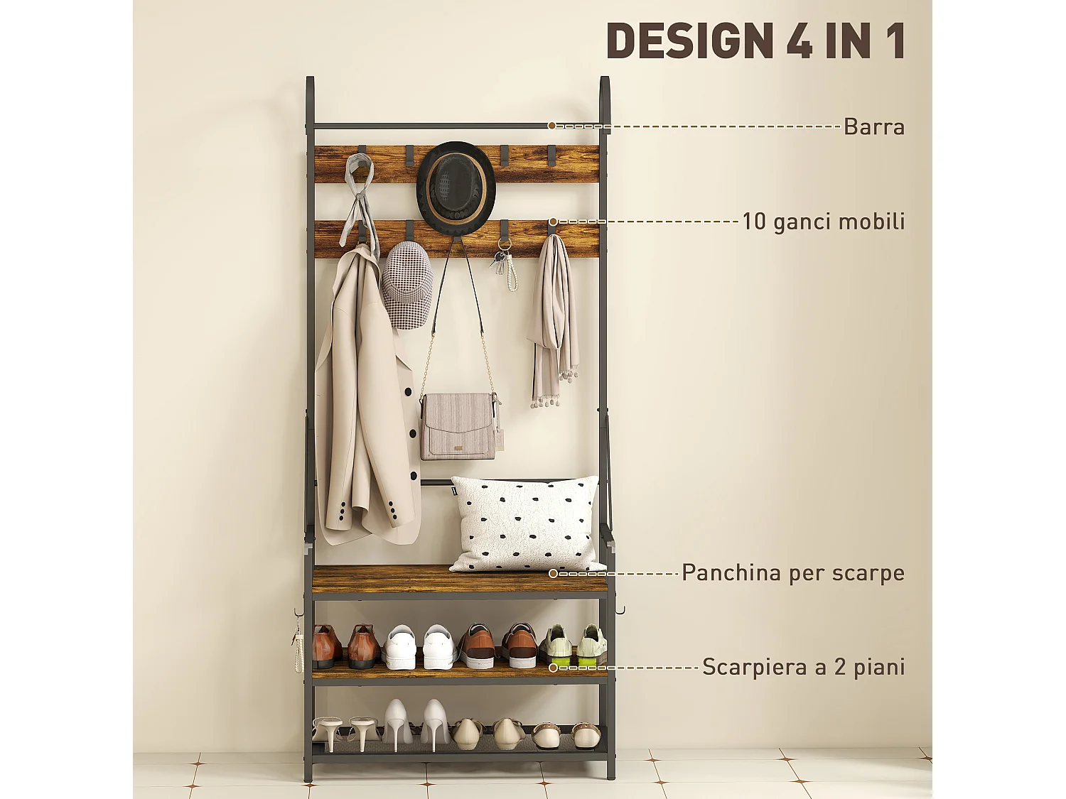 Appendiabiti da ingresso con asta 10 ganci mobili panca e scarpiera a 2 livelli