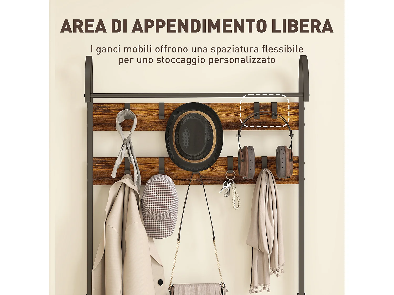Appendiabiti da ingresso con asta 10 ganci mobili panca e scarpiera a 2 livelli