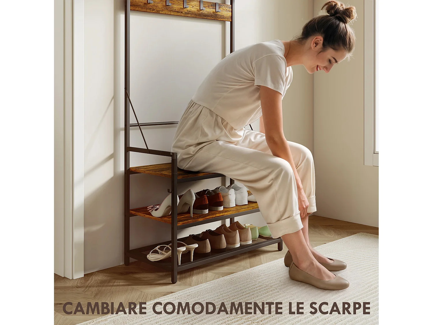 Appendiabiti da ingresso con asta 10 ganci mobili panca e scarpiera a 2 livelli