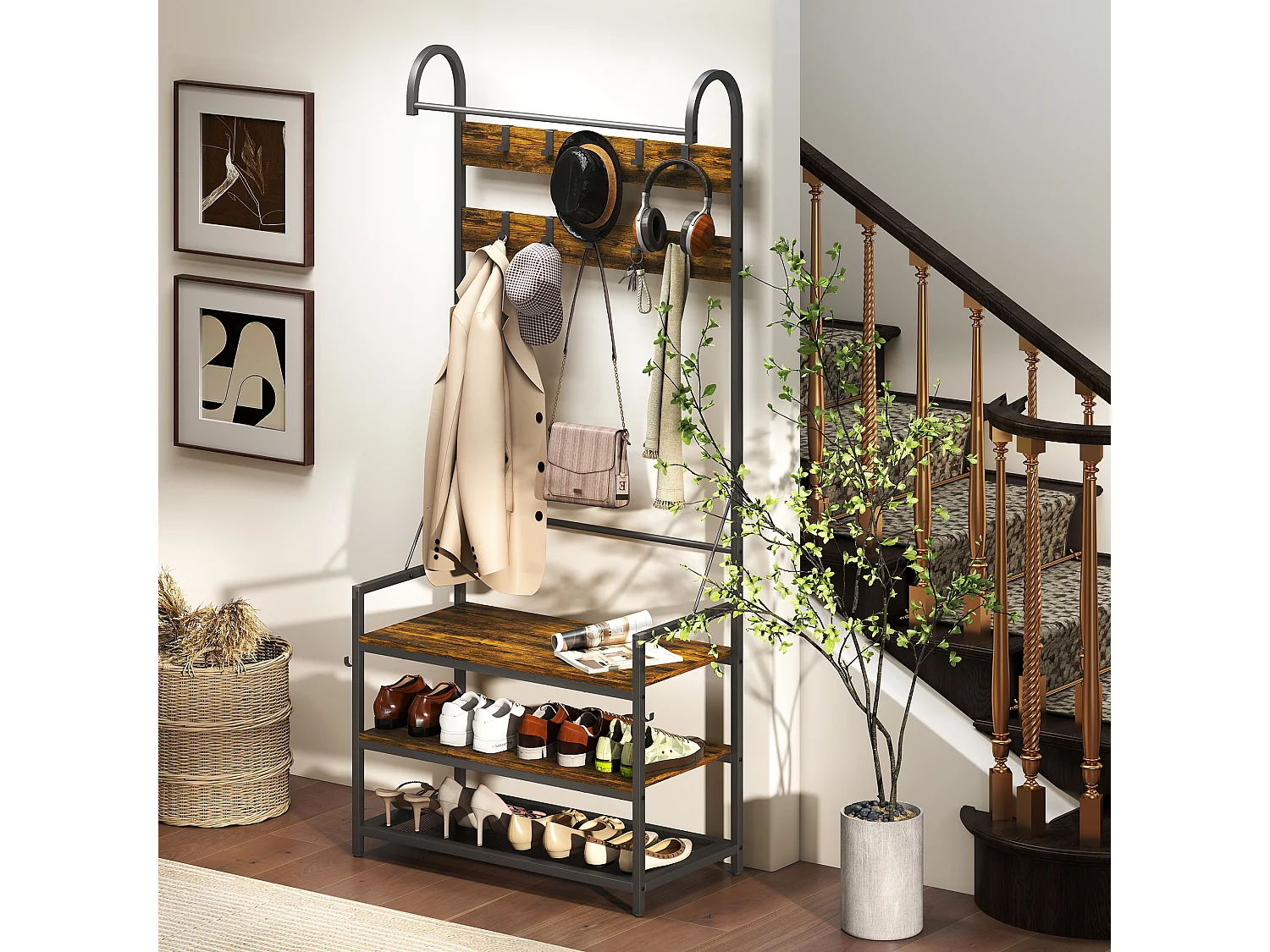 Appendiabiti da ingresso con asta 10 ganci mobili panca e scarpiera a 2 livelli