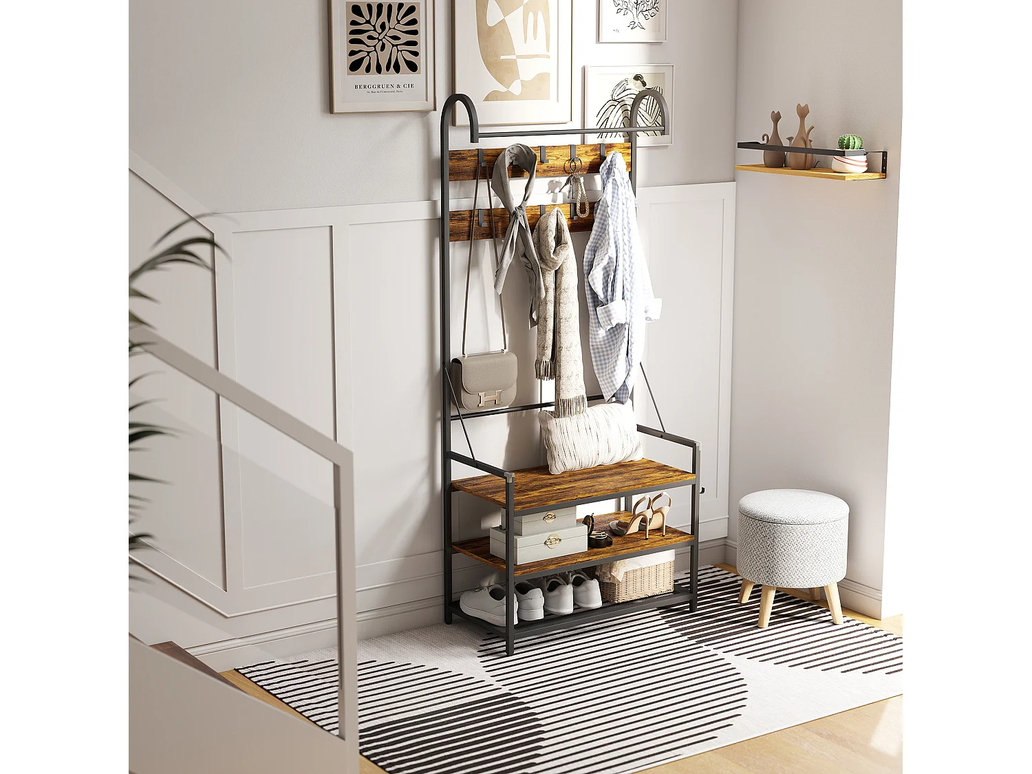 Appendiabiti da ingresso con asta 10 ganci mobili panca e scarpiera a 2 livelli