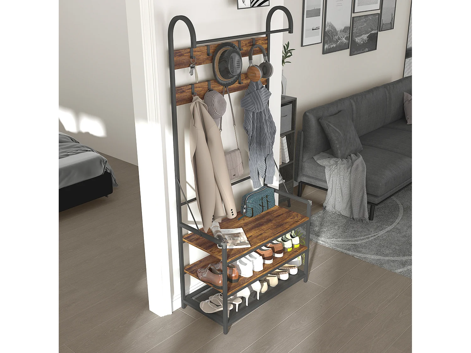Appendiabiti da ingresso con asta 10 ganci mobili panca e scarpiera a 2 livelli