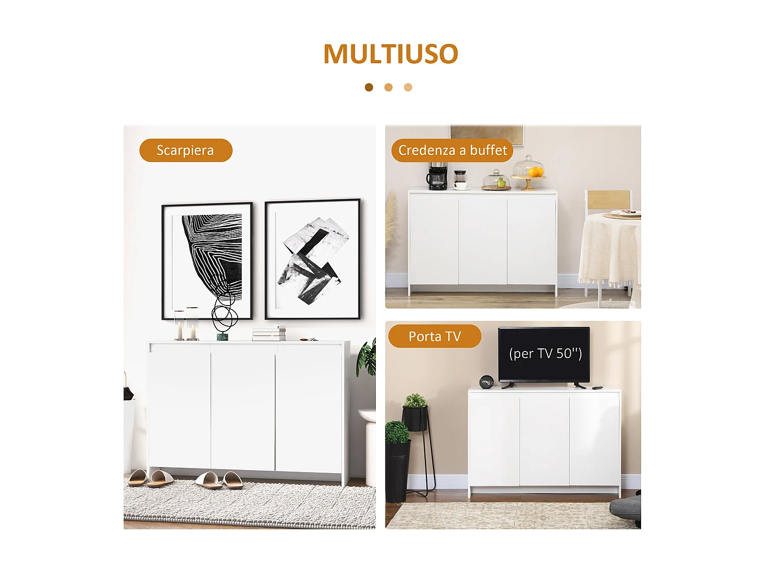 Credenza moderna a 12 ripiani interni in truciolato bianco