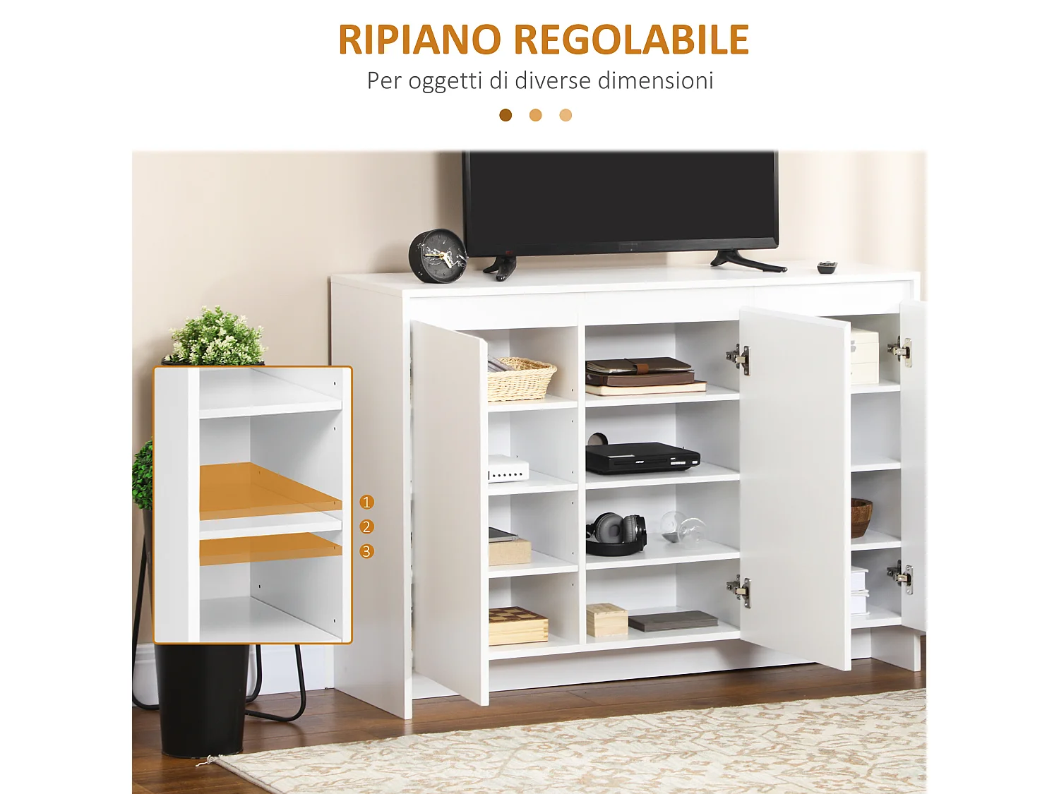 Credenza moderna a 12 ripiani interni in truciolato bianco