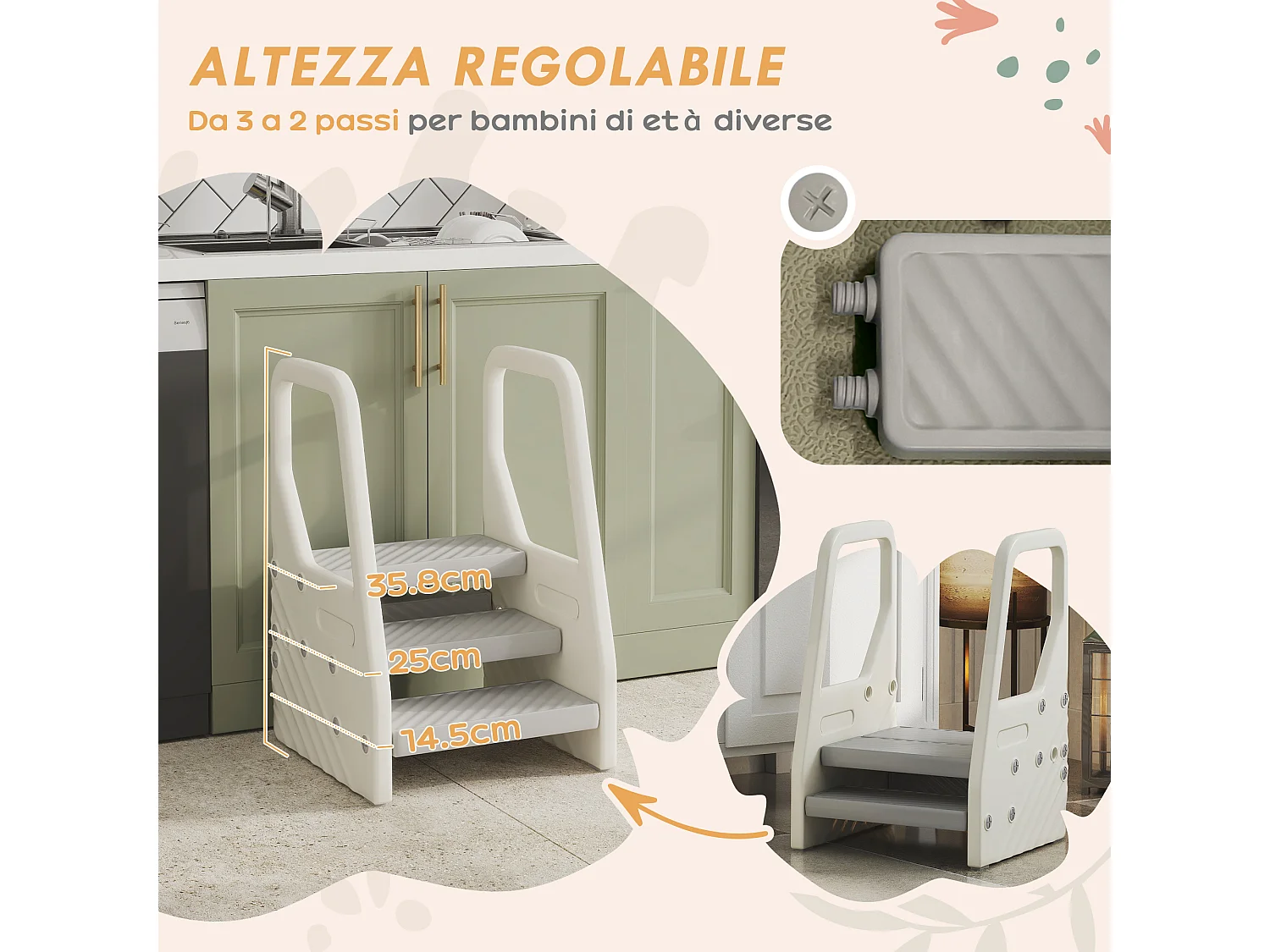 Sgabello per bambini 2-5 anni a 3 gradini in hdpe grigio bianco crema