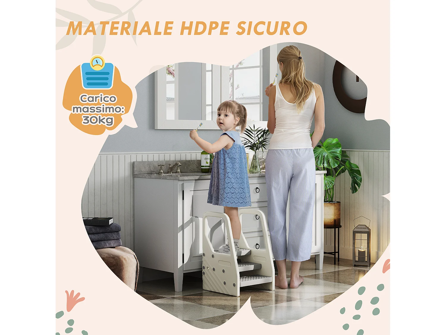 Sgabello per bambini 2-5 anni a 3 gradini in hdpe grigio bianco crema
