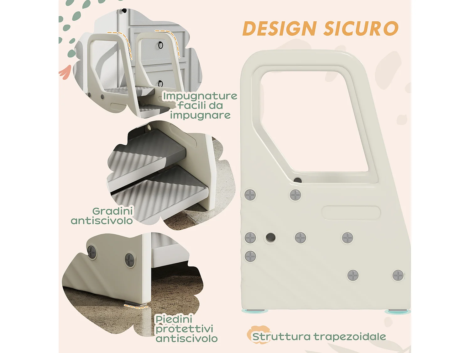 Sgabello per bambini 2-5 anni a 3 gradini in hdpe grigio bianco crema