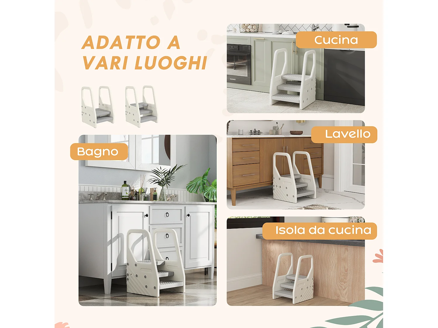 Sgabello per bambini 2-5 anni a 3 gradini in hdpe grigio bianco crema