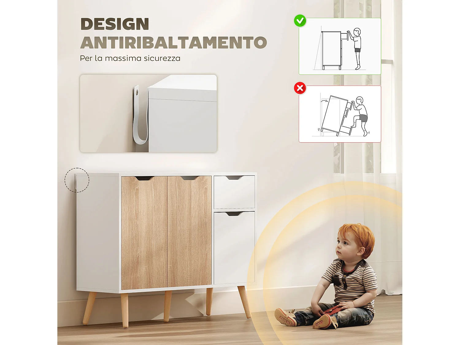 Mobiletto multiuso stile nordico con cassetto e armadietti